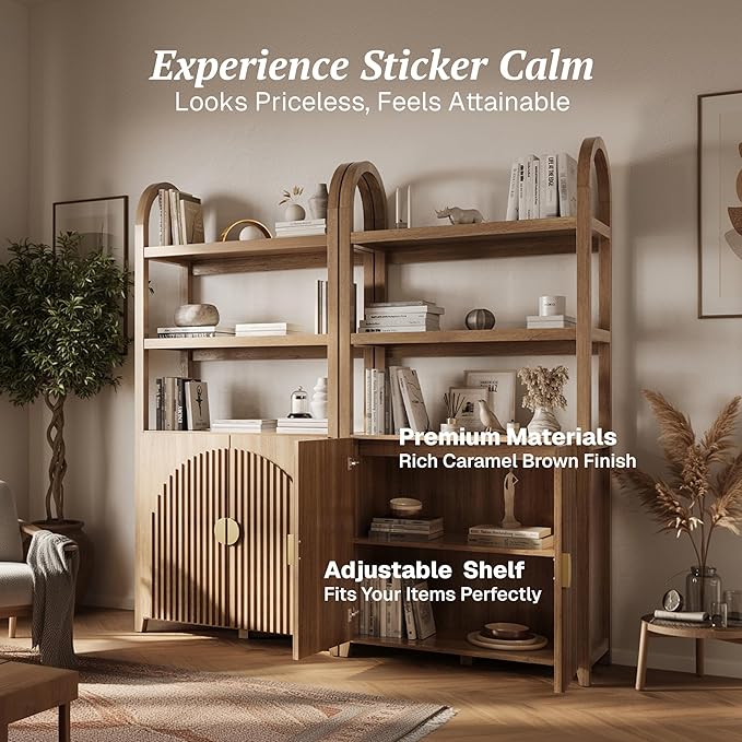 BELLEZE Book Shelf 72" Tall Arched Bookcase with Storage, 5 Tier Mid Century Modern Fluted Bookshelf with Doors, Modular Bookshelves for Living Room Office Library, Set of 4 (Caramel Brown)