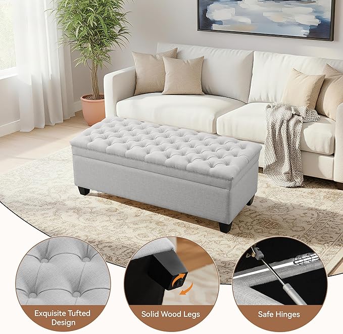 50" Storage Ottoman Bench, Rectangular End of Bed Storage Bench, Upholstered Large Fabric Tufted Ottoman with Storage for Living Room, Bedroom, Entryway,Light Gray