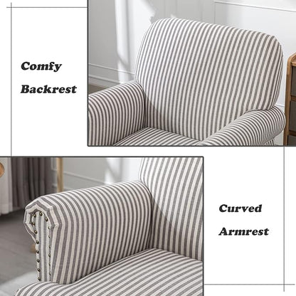 Linen Accent Chairs Set of 2 Mid-Century Modern Living Room Armchair with Nailhead Trim & Wood Legs Comfy Upholstered Single Sofa Chair for Lounge/Bedroom/Reception, Black Stripe