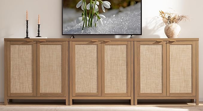 SICOTAS Sideboard Buffet Coffee Bar Cabinet - 3 Pieces Farmhouse Boho Rattan Credenza Storage Cabinet with Large Storage for Kitchen, Living Room, Entryway, Oak