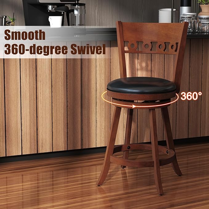 COSTWAY Bar Stools Set of 2, 24.5” Counter Height Bar stools with Solid Wood Legs, Cushioned Seat, Footrest, for Home, Kitchen Island, Bar (2, 24.5'' Seat Height)