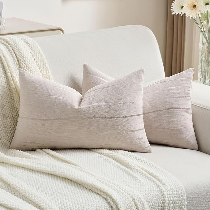 FUTEI Beige Chenille Decorative Throw Pillow Covers 12x20 Inch Set of 2,Soft Embossed Striped Textured Lumbar Pillow Cases,Modern Home Decor for Couch Bed Living Room