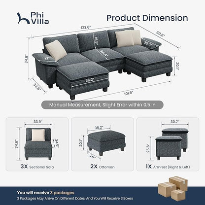 PHI VILLA Cloud Modular Couch Sets, 123.6" Sectional Sofa with U-Shaped Chaise, 5-Seater Couches with 2 Movable Ottomans for Living Room, Chenille Fabric, Dark Cyan