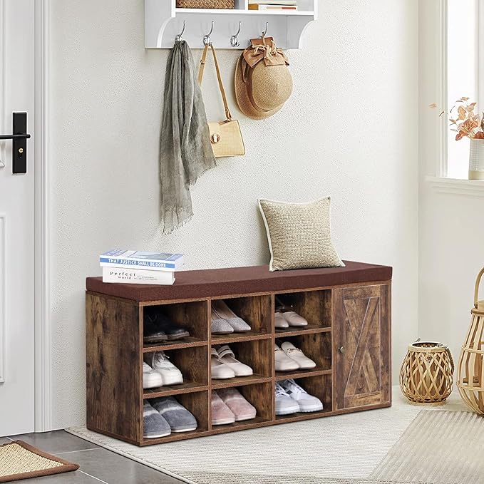 MFSTUDIO Shoe Storage Bench, Shoe Rack Bench with Barn Door Cabinet, 9 Open Compartments, Seating Cushion, Freestanding Shoe Rack Organizer for Entryway Hallway Bedroom, Rustic Brown, Large Size