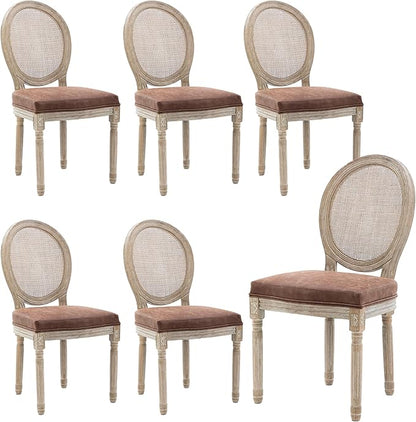 Farmhouse Leather Dining Room Chairs Set of 6 French Dining Chairs with Round Rattan Back French Bistro Chairs for Dining Room/Living Room/Kitchen/Restaurant, Brown