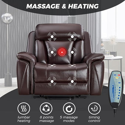 CANMOV 50" Wide Oversized Recliner, Faux Leather Power Lift Recliner Chair, Extra Large Lift Chair with Massage and Heat, Stand Up Recliner for Elderly Big and Tall, Brown