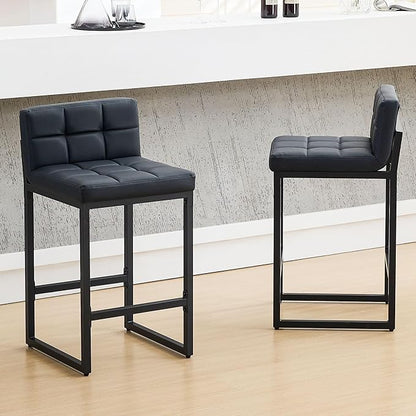 Counter Height Bar Stools Set of 2, Modern Faux Leather Counter Stools with Low Back and Footrest, Upholstered Bar Chairs for Kitchen Island, Bar, Counter (Black, 2Pcs 26" Bar Stools)