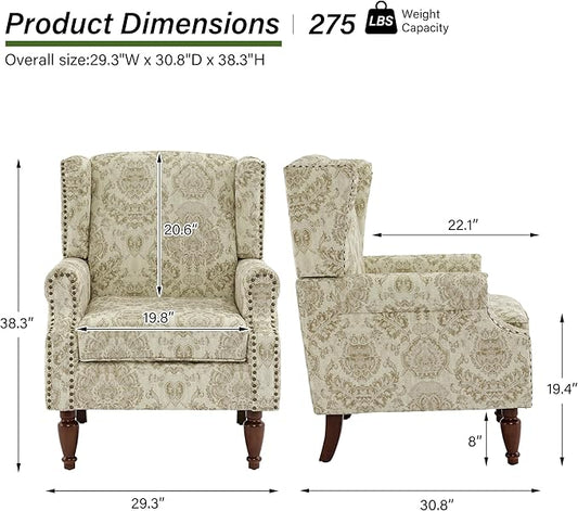 Accent Chair, Upholstered High Back Floral Armchair with Nailhead Trim & Wood Legs, Comfy Wingback Reading Single Sofa Chair for Small Spaces, Living Room, Bedroom-Light Brown Floral, 1 SEAT