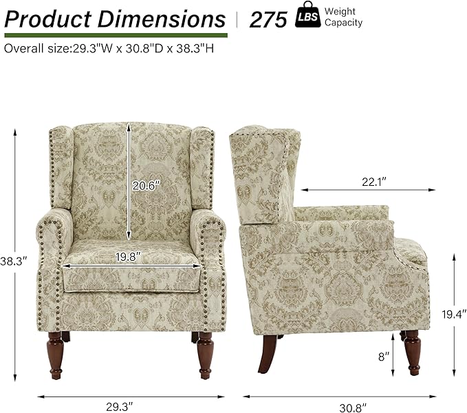 Accent Chair, Upholstered High Back Floral Armchair with Nailhead Trim & Wood Legs, Comfy Wingback Reading Single Sofa Chair for Small Spaces, Living Room, Bedroom ( Light Brown Floral, Set of 2)