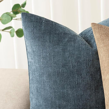Foindtower Pack of 2 Soft Textured Chenille Throw Decorative Pillow Covers Square Accent Solid Cushion Cover Cozy Neutral Farmhouse Pillow Case for Couch Sofa Bedroom Living Room 20x20 Inch,Blue
