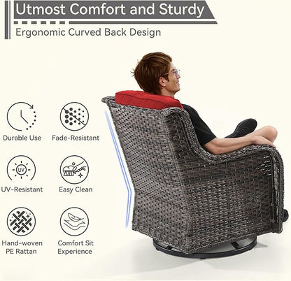 3 Pieces Outdoor Furniture Set - Patio Wicker Swivel Rocker Chair Set of 2 and 1 Side Table, Red, Mixed Brown Rattan, Suitable for Porch, Yard