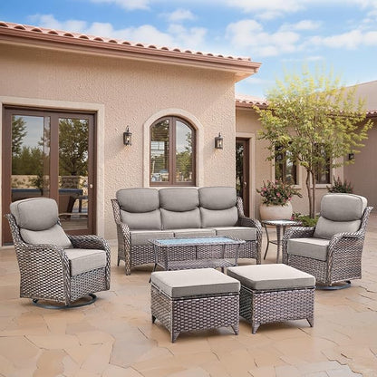 Swivel Patio Chairs Set of 3 with 6" Thick Cushion - Wicker Outdoor Swivel Rocker Patio Chairs with Side Table, High Back Comfortable Outdoor Glider Chairs - Brown Wicker | Grey Cushions