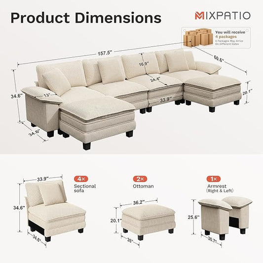 157-Inch U Shaped Sectional Sofa with Cloud Cushions, Deep Seat Modular Couch Set w/ 6 Seats & 2 Ottomans, Removable Arms, Plush Corduroy Upholstery for Living Room, Apartment - Beige