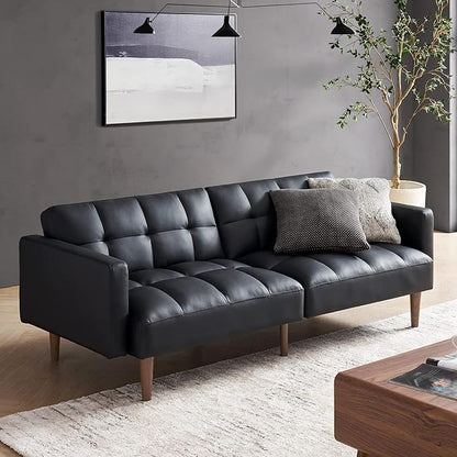 mopio 76.4" Futon Sofa Bed, Couch, Loveseat, Sleeper Sofa, Mid Century Modern Futon Couch, Sofa Cama, Couches for Living Room (Aaron PU, Midnight Black)