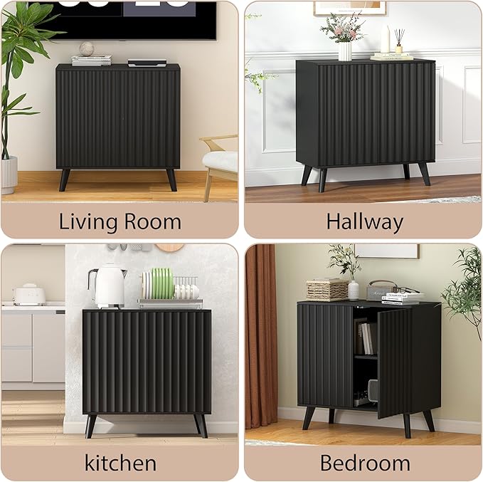 Fluted Sideboard Buffet Cabinet with 2 Doors, Modern Storage Cabinet with Adjustable Shelves, Wood Console Table for Kitchen Dining Living Room Entryway (Black)