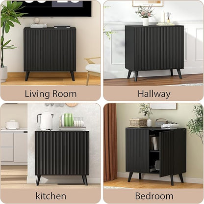 Fluted Sideboard Buffet Cabinet with 2 Doors, Modern Storage Cabinet with Adjustable Shelves, Wood Console Table for Kitchen Dining Living Room Entryway (Black)