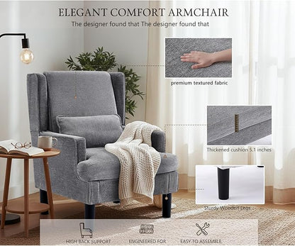 Modern Accent Chair for Living Room Chairs Upholstered Oversized Reading Chair Accent Chairs for Living Room Chair Arm Chair with High Back and Wood Legs,Armchair Comfy Chair for Bedroom(Grey)