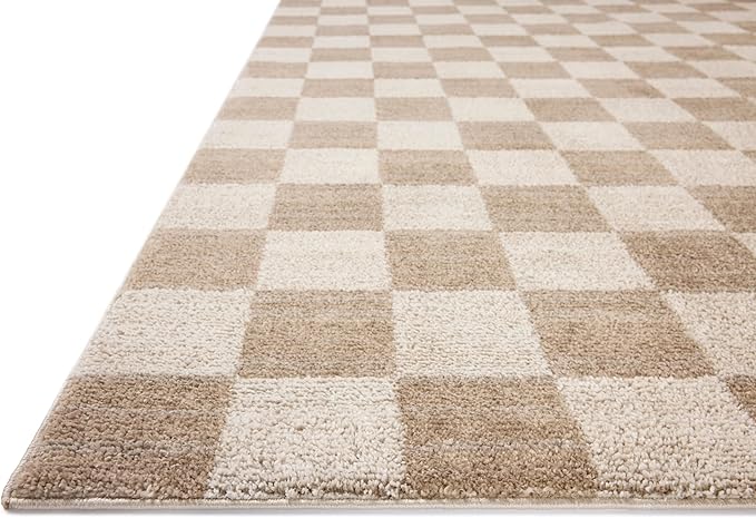 Loloi Chris Loves Julia Calvin Collection CLV-01 Pebble/Ivory 5'-3" x 7'-6" Area Rug Checkered Neutral Soft Living Room Bedroom Carpet