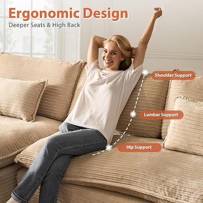 113 in Oversized Cloud Sofa with L Shape Chaise, Sectional Couches for Living Room, Assembly Free Modular Comfy Corduroy Sofa with Left Facing Chaise Longue for Home Apartment (Left Chaise, Beige)