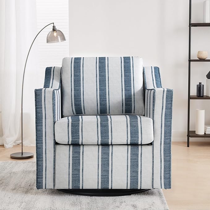 UIXE Swivel Accent Chairs Set of 2, Fabirc Upholstered Arm Chair for Living Room, Modern Club Armchair Comfy Single Sofa Bedroom Reading Seat with Lumbar Pillow - Navy Blue Stripe