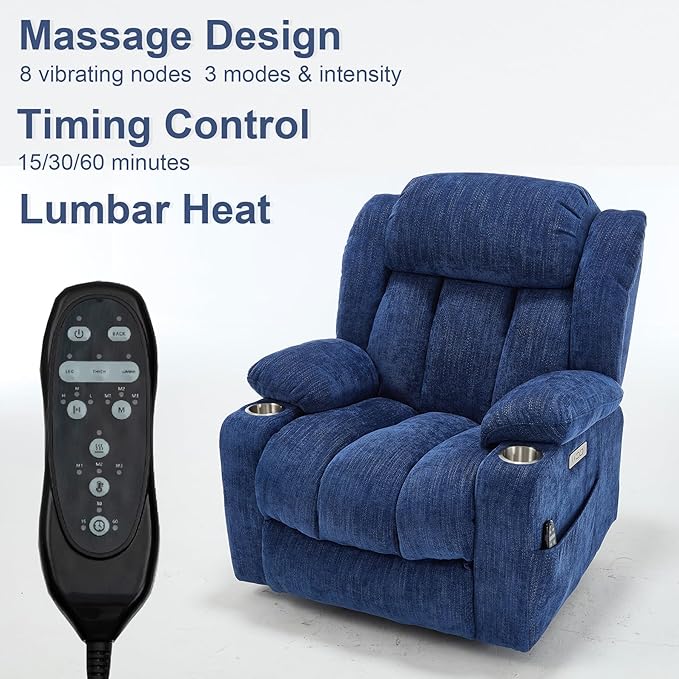 Power Lift Recliner Chair, 350lb Capacity with 8-Point Massage & Heating, USB/Type-C Ports & Cup Holders, Heavy Duty Chenille Recliner for Elderly, Blue