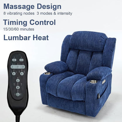 Power Lift Recliner Chair, 350lb Capacity with 8-Point Massage & Heating, USB/Type-C Ports & Cup Holders, Heavy Duty Chenille Recliner for Elderly, Blue