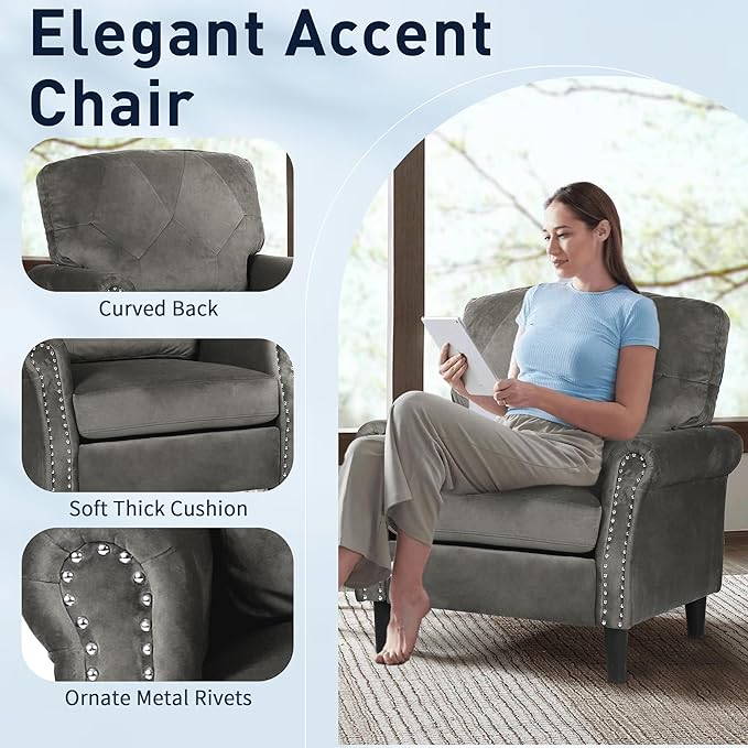 Accent Chairs for Living Room, Set of 2 Mid-Century Modern Upholstered Armchairs, Comfy Velvet Chair w/Wood Legs & Nailhead Trim, Wingback Chair for Bedroom, Grey
