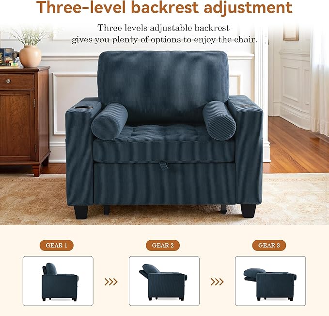 Convertible Sleeper Chair Bed, Comfy Corduroy Single Futon Sofa Chair with Pull Out Bed, 3-Levels Adjustable Backrest Accent Chair with Side Pockets, Cup Holder & USB Ports for Living Room, Bedroom