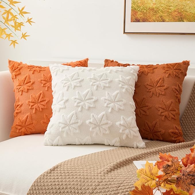 Kevin Textile Maple Leaf Pillow Covers 18x18 Inch Set of 2 Fallen Leaves Embroidery Decor Soft Plush Faux Fur Throw Pillows Pillowcases for Holiday Harvest Decor Sofa Couch Bedroom, Rust