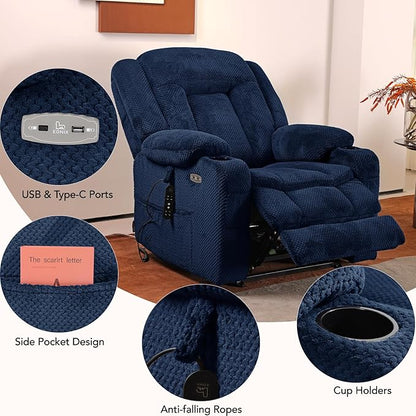 EONIX Lay Flat Power Lift Recliner Chair with Heat and Massage, Dual Motor Electric Lift Chair for Elderly for Postoperative Recovery, 400lbs Heavy Duty, Cup Holders, Lumbar Pillow, Navy Blue