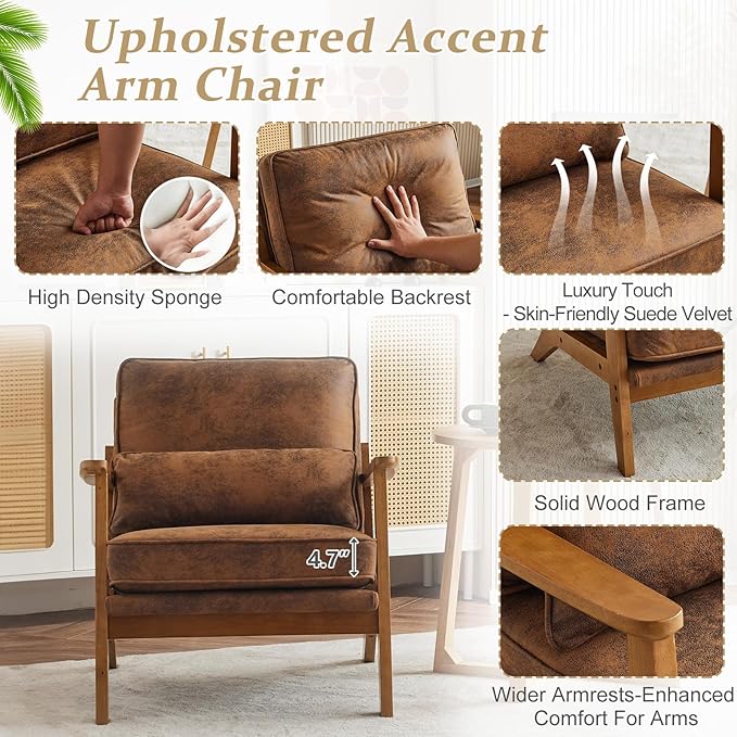 VINGLI Solid Wood Wide Armrests Accent Chair Set of 2,Upholstered Mid Century Modern Chair with Pillow,Farmhouse Arm Chair Comfy Reading Chair,Chairs Living Room,Bedroom,Guest Room,Suede,Rustic