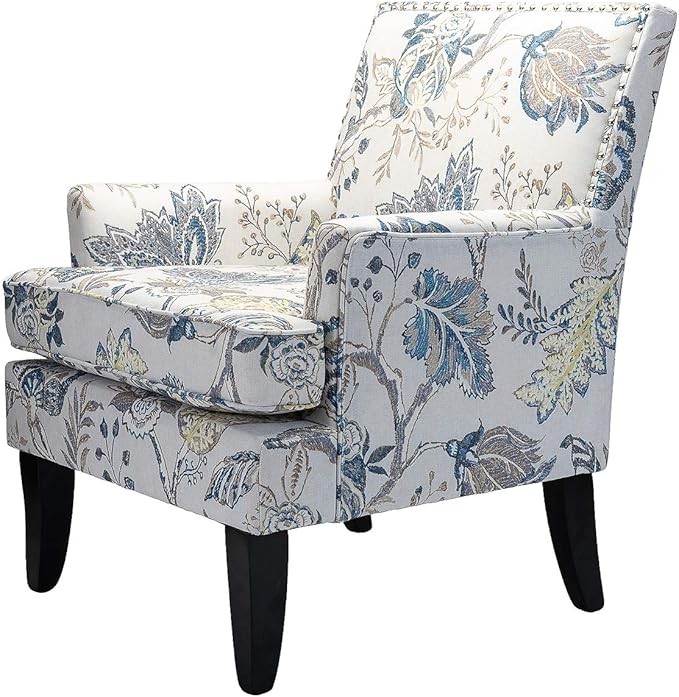 HULALA HOME Modern Accent Chair with Arms and Wooden Legs, Mid Century Accent Chair Armchair High Back Rest, Padded Armrest and Comfortable Cushioned Seat for Living Room (Blue Yellow Floral)