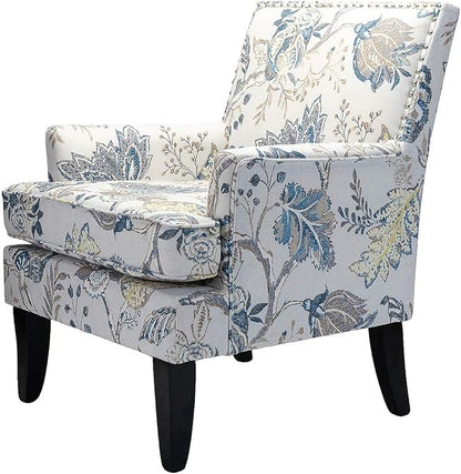HULALA HOME Modern Accent Chair with Arms and Wooden Legs, Mid Century Accent Chair Armchair High Back Rest, Padded Armrest and Comfortable Cushioned Seat for Living Room (Blue Yellow Floral)