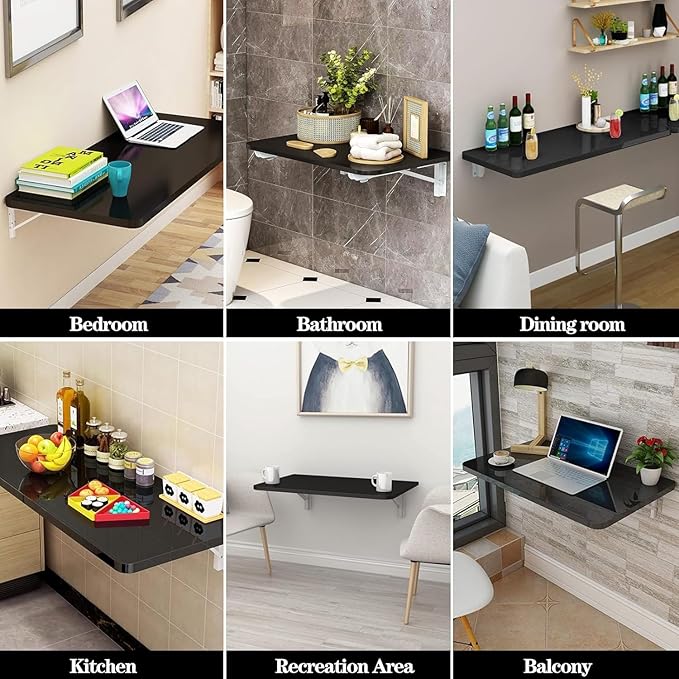 Wall Mounted Folding Table,Black Floating Desk for Small Spaces,Stainless Steel Bracket Laundry Folding Table,Wall Folding Desk,Home Bars and Dining Establishments(80X50cm/31.5"×19.7")