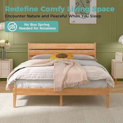 Solid Wood Queen Bed Frame, Malaysian Oak Platform Bed with Ladder Headboard, Modern Bedframe with Elevated Bed Legs, No Box Spring Needed, Noise-Free, Queen Size, Rustic Pine