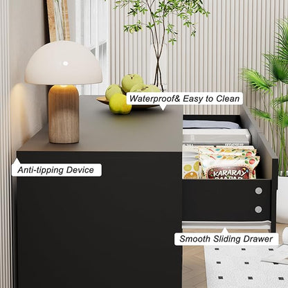 UEV 9 Drawer Dresser for Bedroom, 63" Long Mid-Century Modern Chest of Drawers with Unique Water Stream Pattern, Wooden Dressers Organizer for Living Room, Nursery (Black and Brown)