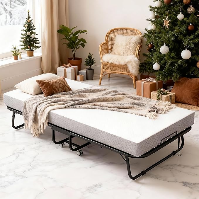 Folding Bed with Memory Foam Mattress, Portable Rollaway Guest Beds on Wheels, 75"x31" Twin Size Space-Saving Cot-Size Bed for Adults with Easy Assembly Metal Frame (White)
