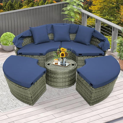 COSTWAY Patio Round Daybed with Retractable Canopy, Wicker Furniture Sectional Couch with Separate Cushioned Seats, Adjustable Table Top, Patio Rattan Daybed Set for Patio, Backyard, Poolside (Navy)