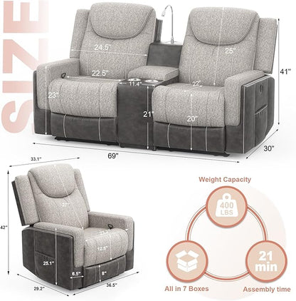 Living Room Furniture Set, Loveseat Recliner Sofa with Storage Console and 2 Oversize Recliner Chairs, Elegant Timeless Manual Reclining Couches for Living Room/RV (Grey, 2+1+1)