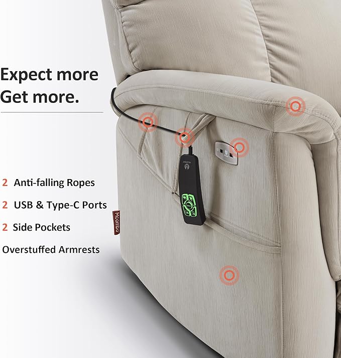MCombo Large-Wide Dual Motor Power Lift Recliner Chair, Massage and Dual Heating for Elderly People, Infinite Position, Fabric R7166 (Beige)