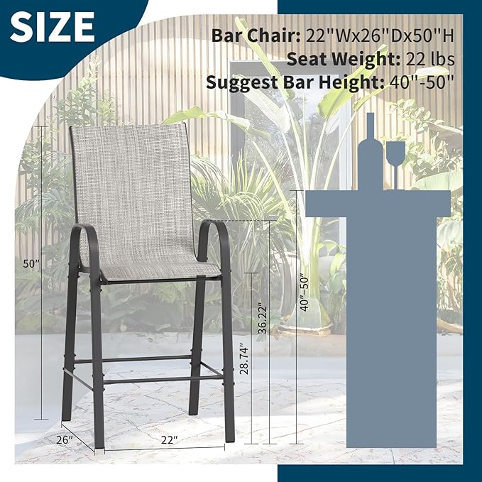 Amopatio Outdoor Stools Set of 2, Comfortable All-Weather Textile Bar Height Patio Chairs, Sturdy High Back Outdoor Chairs for Backyard, Porch, Light Grey