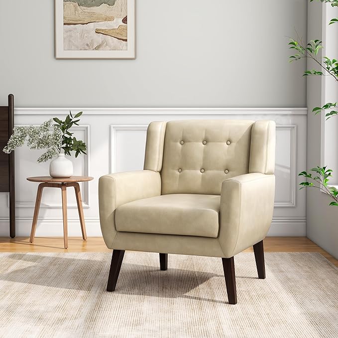 Accent Chair, Mid-Century Modern PU Leather Chairs with Arms for Living Room, Comfy Upholstered Club Single Sofa Armchair for Bedroom Waiting Room with Solid Wood Frame