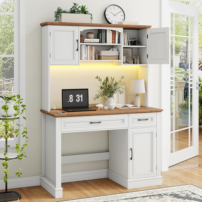 Vabches Farmhouse 47" Executive Desk with Hutch, 2 Drawers and LED Light, Computer Desk with Storage Cabinet and Charging Station,Workstation for Home Office and Study.Unique White