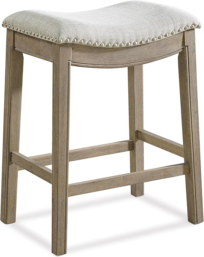 ROME + OAK Parker 26 Inch Counter Stool, Backless Saddle Kitchen Barstool in Reclaimed Oak Finish with Ash Grey Fabric Upholstery Cushion Seat