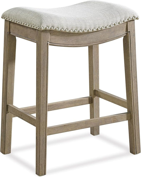 ROME + OAK Parker 26 Inch Counter Stool, Backless Saddle Kitchen Barstool in Reclaimed Oak Finish with Ash Grey Fabric Upholstery Cushion Seat
