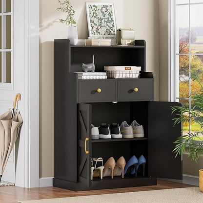Storage Cabinet with Doors and Shelves, Bathroom Cabinet with 2 Drawers, Farmhouse Black Storage Cabinet, Kitchen Cabinet Cupboard for Living Room, Kitchen, Entryway, Home Office