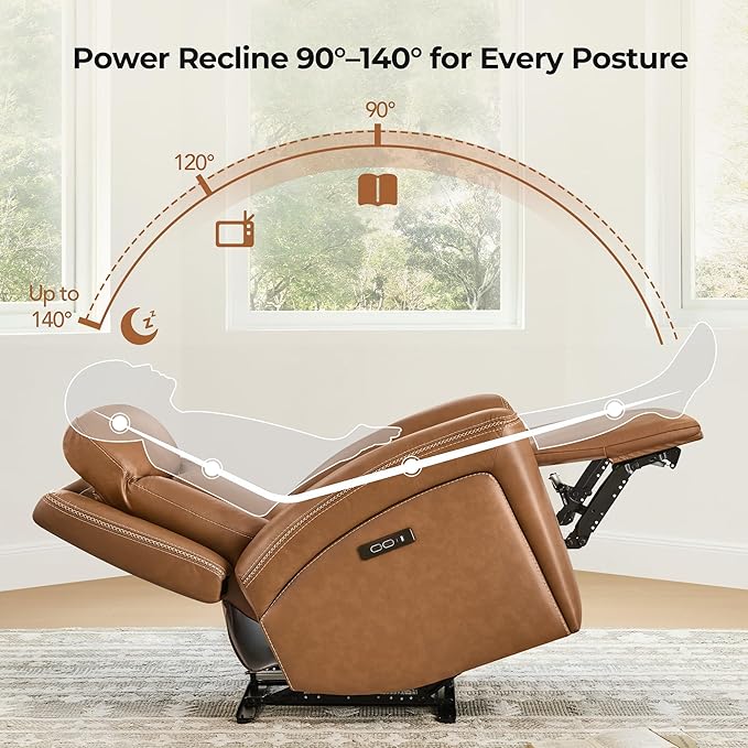 CHITA Genuine Leather Power Recliner Chair for Adults, Super Zero Gravity Recliner with Adjustable Power Headrest & USB/Type-C Ports, for Living Room, Bedroom & Home Theater, Saddle