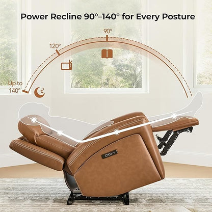 CHITA Genuine Leather Power Recliner Chair for Adults, Super Zero Gravity Recliner with Adjustable Power Headrest & USB/Type-C Ports, for Living Room, Bedroom & Home Theater, Saddle