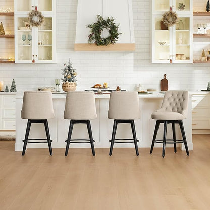 Watson & Whitely Modern Swivel Bar Stools, Performance Fabric Upholstered Counter Height Bar Stool with Back, Solid Wood Legs, 26" H Seat, Set of 2, Tan