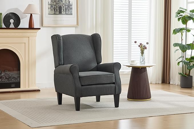 Dark Grey Accent Chairs, Modern Living Room Single Wingback Sofachair, Classic Bedroom High Back Reading Seats, Bussiness Upholstered Arm Chairs for Office, Guest Room